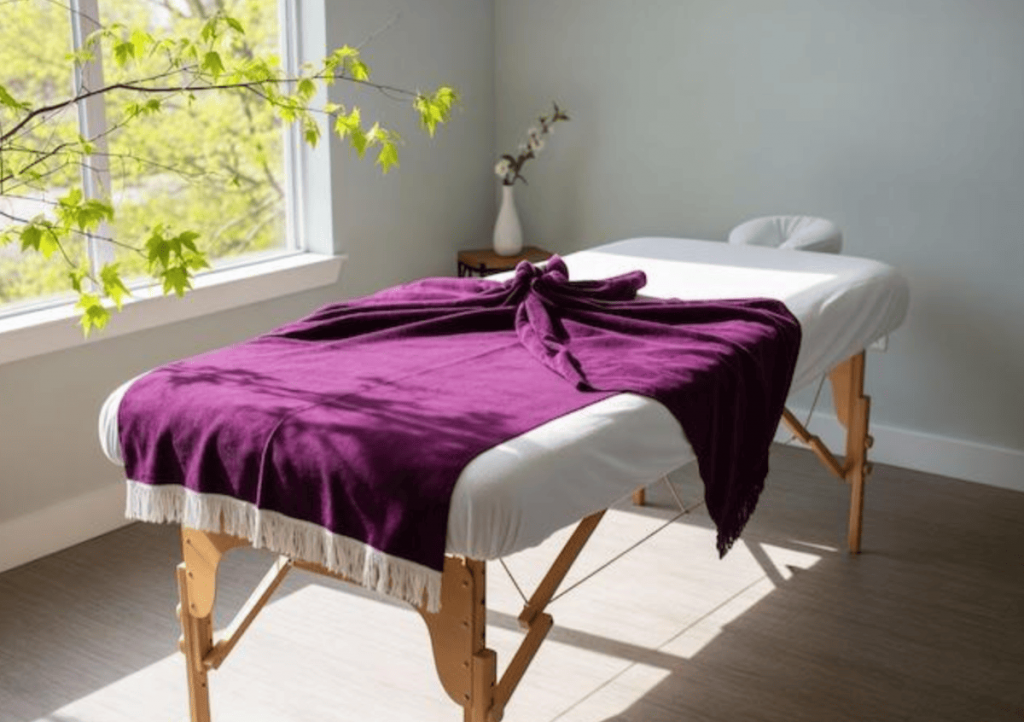photo d’un châle rebozo posé sur une table de massage