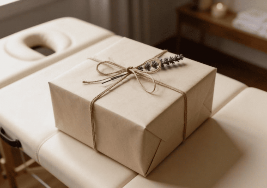 photo d’un cadeau posé sur une table de massage