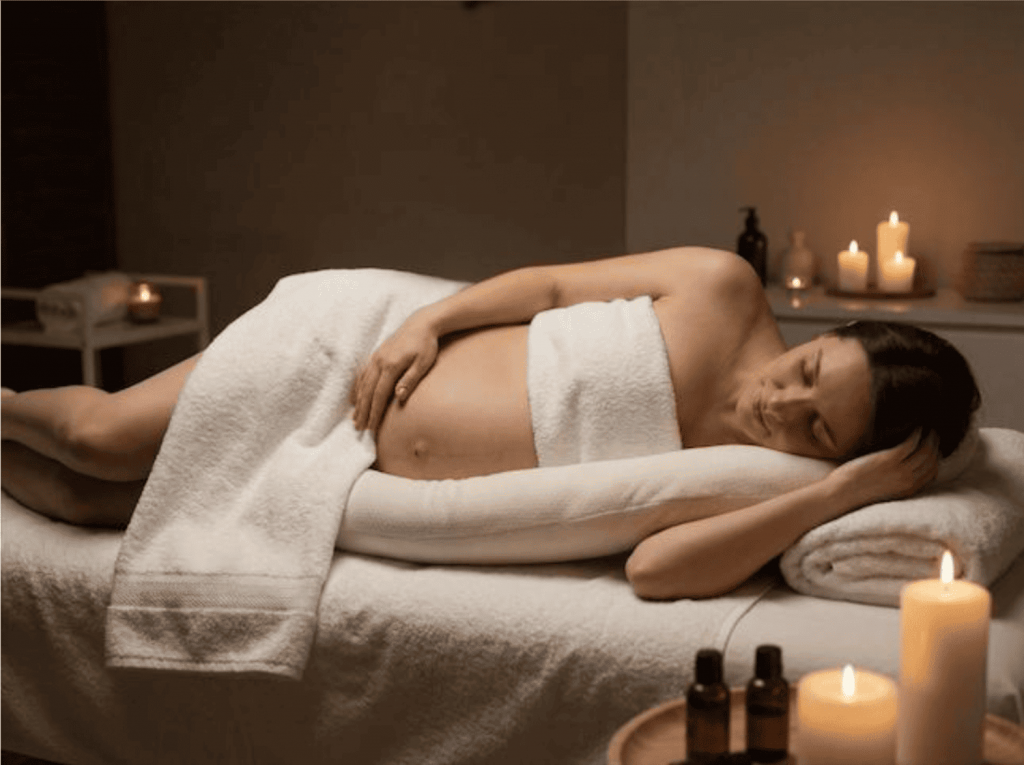 photo d’une femme enceinte en attente de son massage prénatal